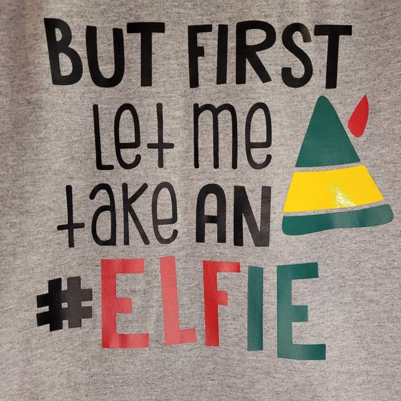 Gildan Youth Christmas "But First Let Me Take An Elfie" TShirt 3/4 Sleeve Medium - Picture 3 of 8